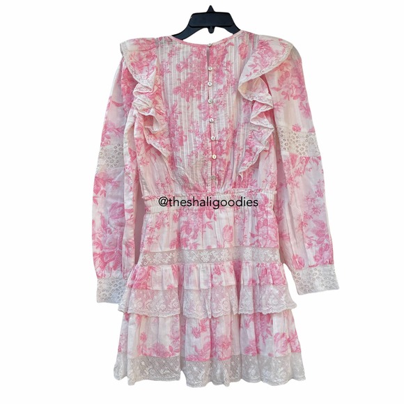 LOVESHACKFANCY Santorini Dress Floral Lace Ruffle Pink White - Picture 6 of 10